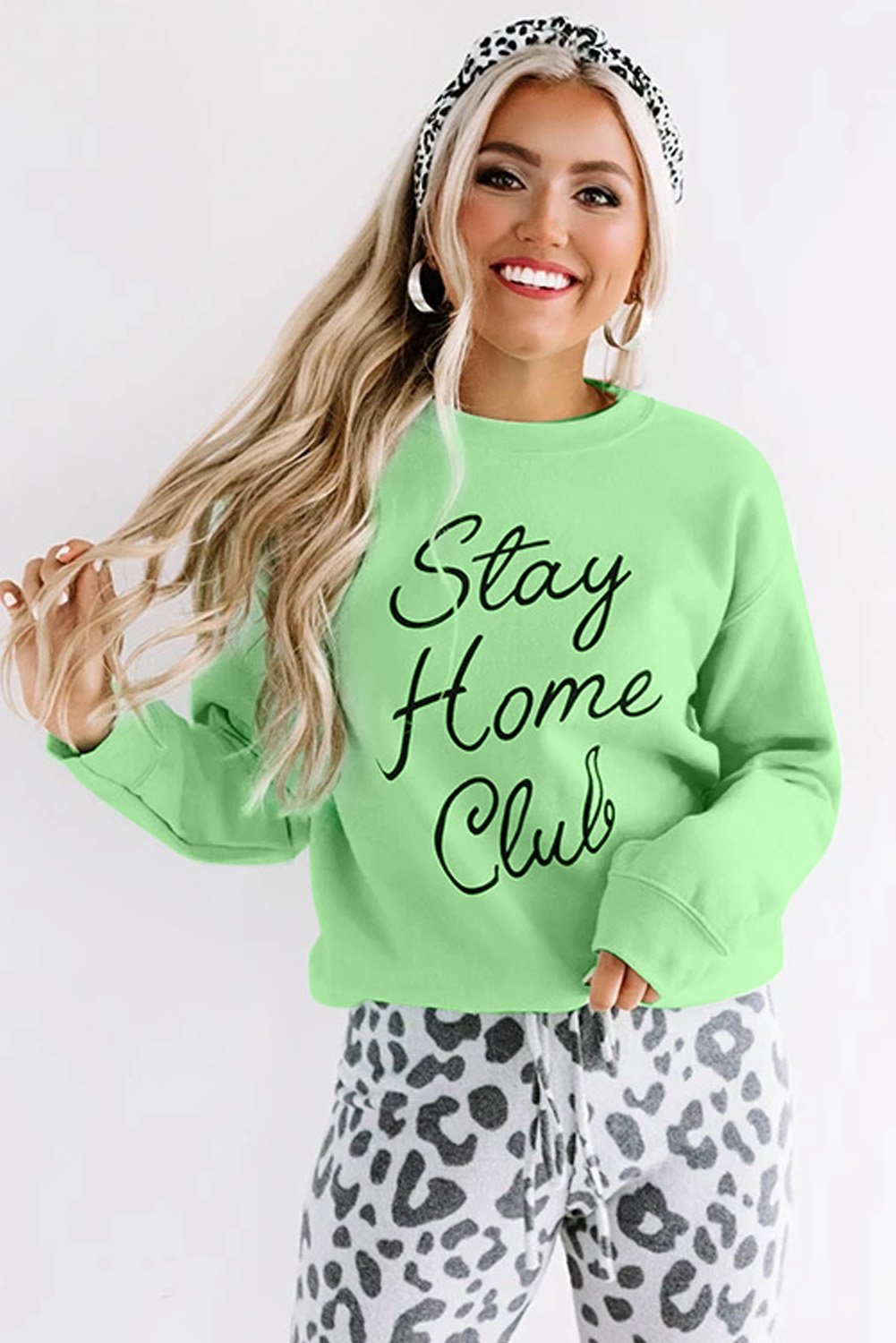 Stay Home Club Print Pullover Sweatshirt featuring black cursive font on a soft, lightweight fabric, perfect for casual wear.