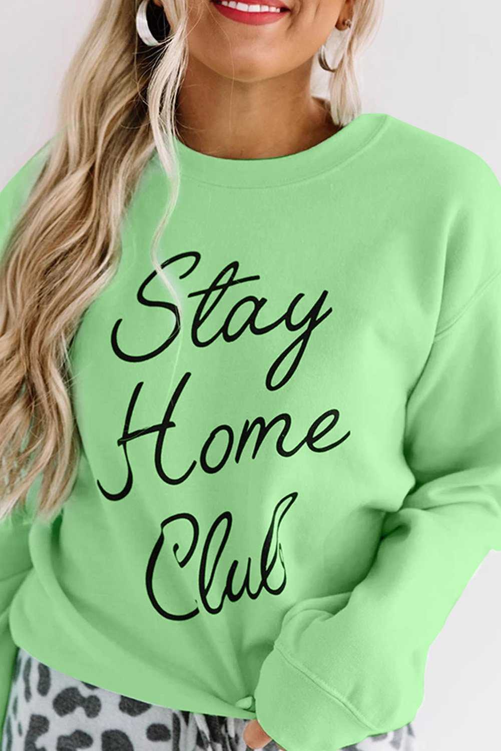 Stay Home Club Print Pullover Sweatshirt featuring black cursive font on a soft, lightweight fabric, perfect for casual wear.