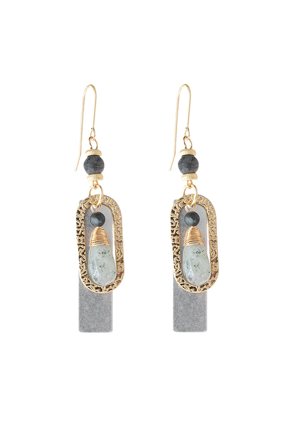 Elegant Stone Charm Drop Earrings featuring feather etched design and natural stone accents, perfect for modern styling.