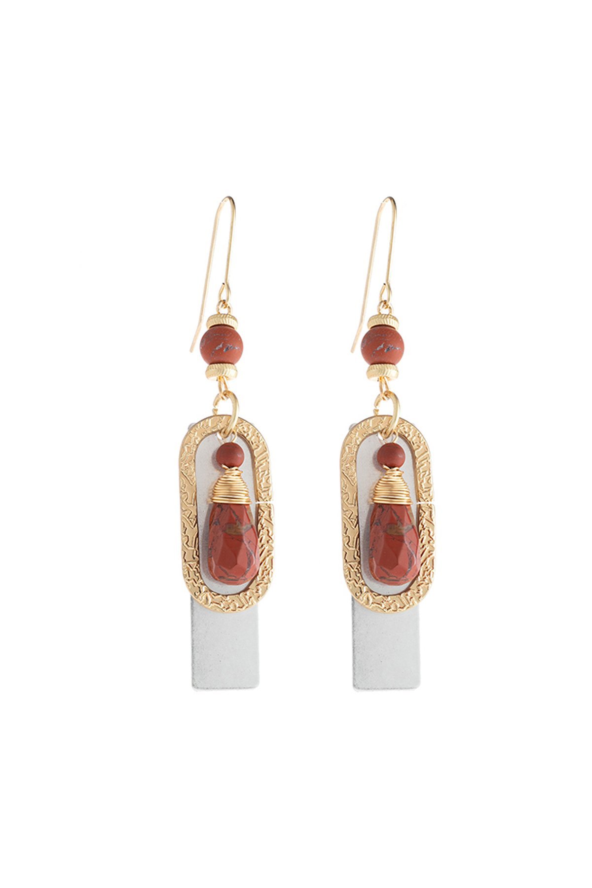 Elegant Stone Charm Drop Earrings featuring feather etched design and natural stone accents, perfect for modern styling.