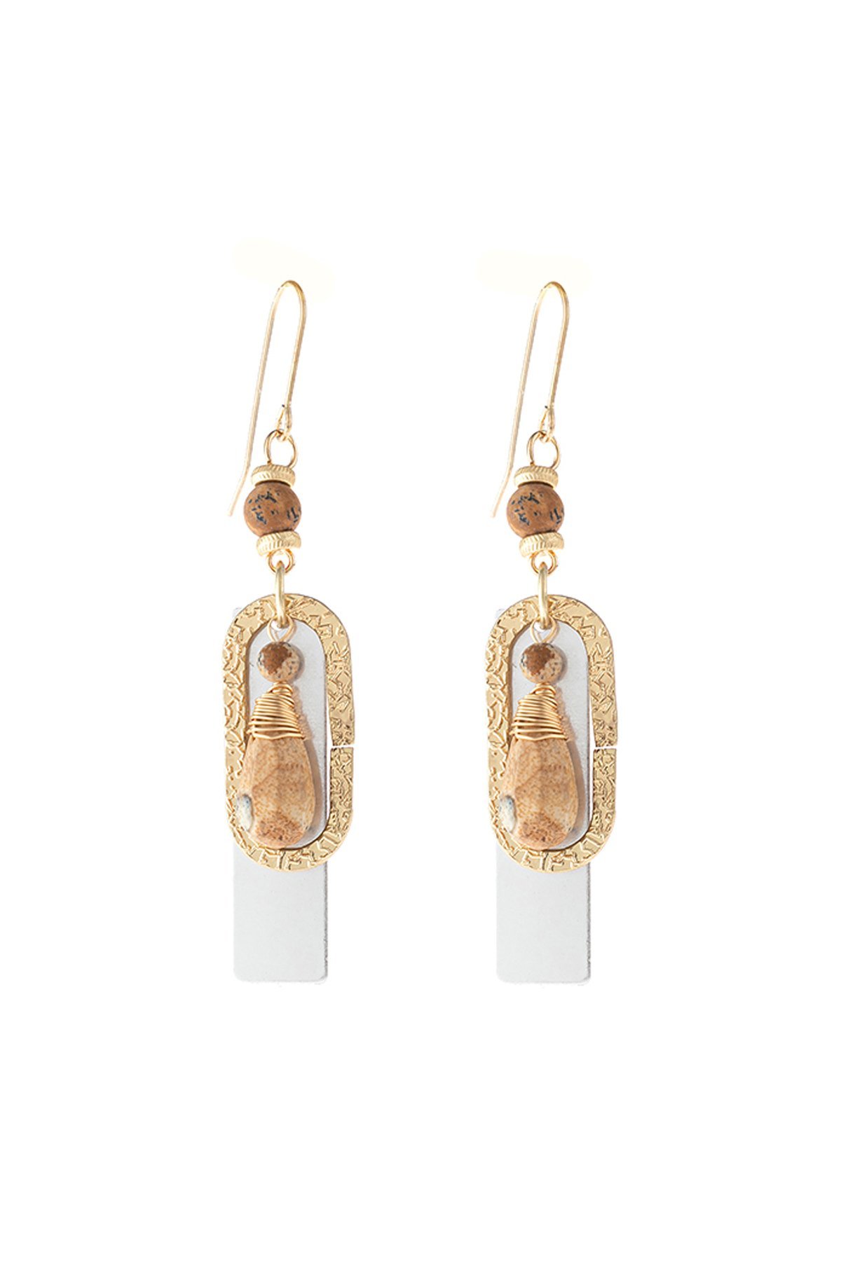 Elegant Stone Charm Drop Earrings featuring feather etched design and natural stone accents, perfect for modern styling.