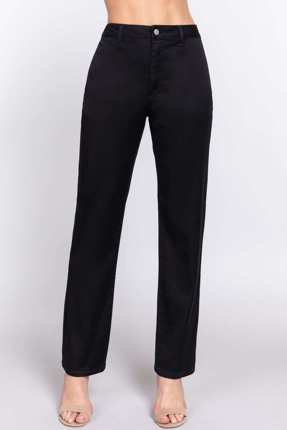 A pair of black straight fit twill long pants made from cotton, polyester, and spandex, showcasing a sleek and modern design.