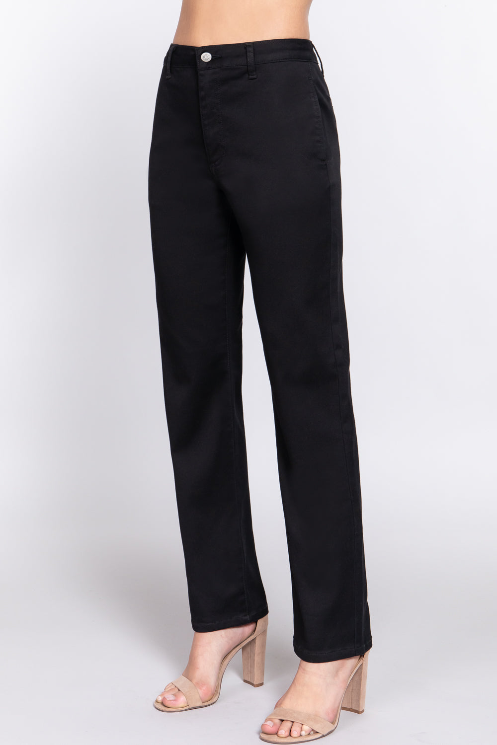 A pair of black straight fit twill long pants made from cotton, polyester, and spandex, showcasing a sleek and modern design.