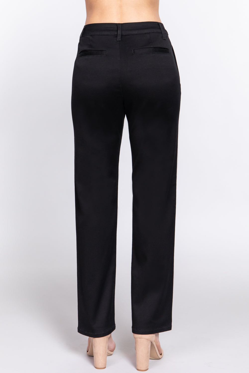 A pair of black straight fit twill long pants made from cotton, polyester, and spandex, showcasing a sleek and modern design.