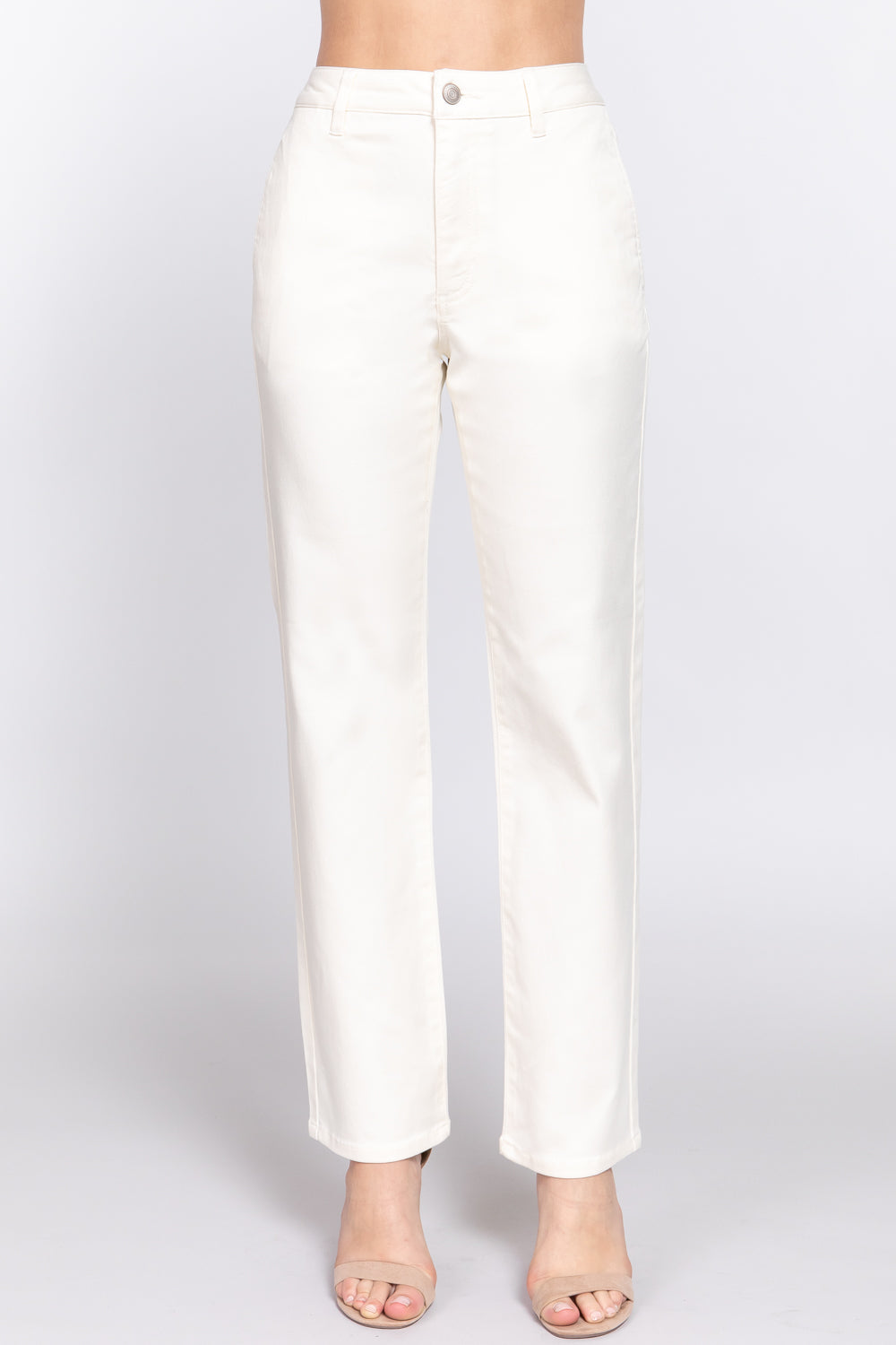 A pair of beige straight fit twill long pants made from cotton, polyester, and spandex, showcasing a stylish and comfortable design.