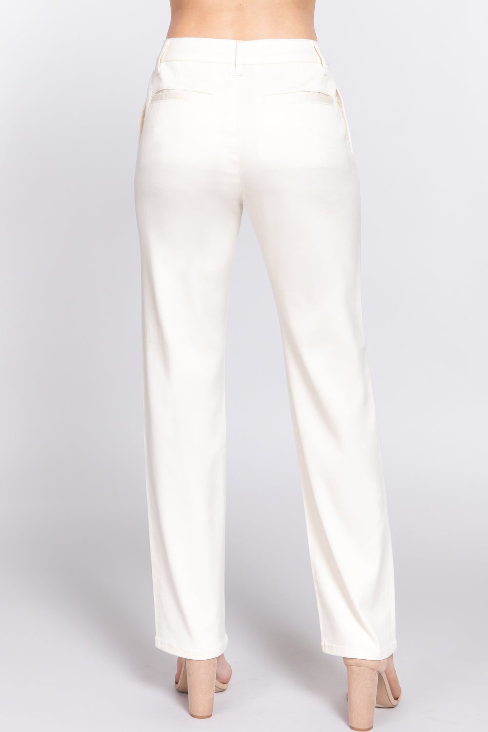 A pair of beige straight fit twill long pants made from cotton, polyester, and spandex, showcasing a stylish and comfortable design.