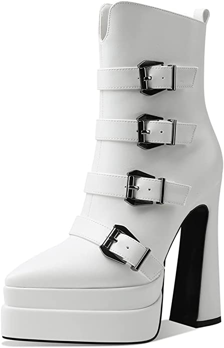 Strapped Platform High Heeled Boot featuring a stylish patent and matte finish with a chunky heel and non-slip rubber sole.