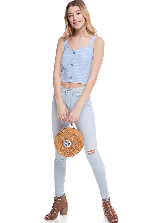 A stylish Stripe Button Front Crop Top featuring a button-down front and a trendy striped pattern, made from a comfortable cotton blend.