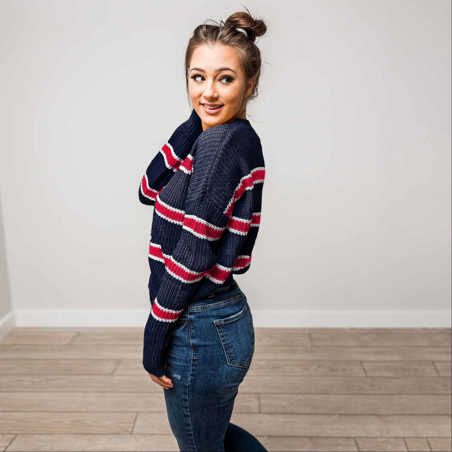 A stylish Stripe Dolman Sleeve Boxy Sweater Knit Top featuring a boatneck design and roomy bat style sleeves, perfect for fall layering.