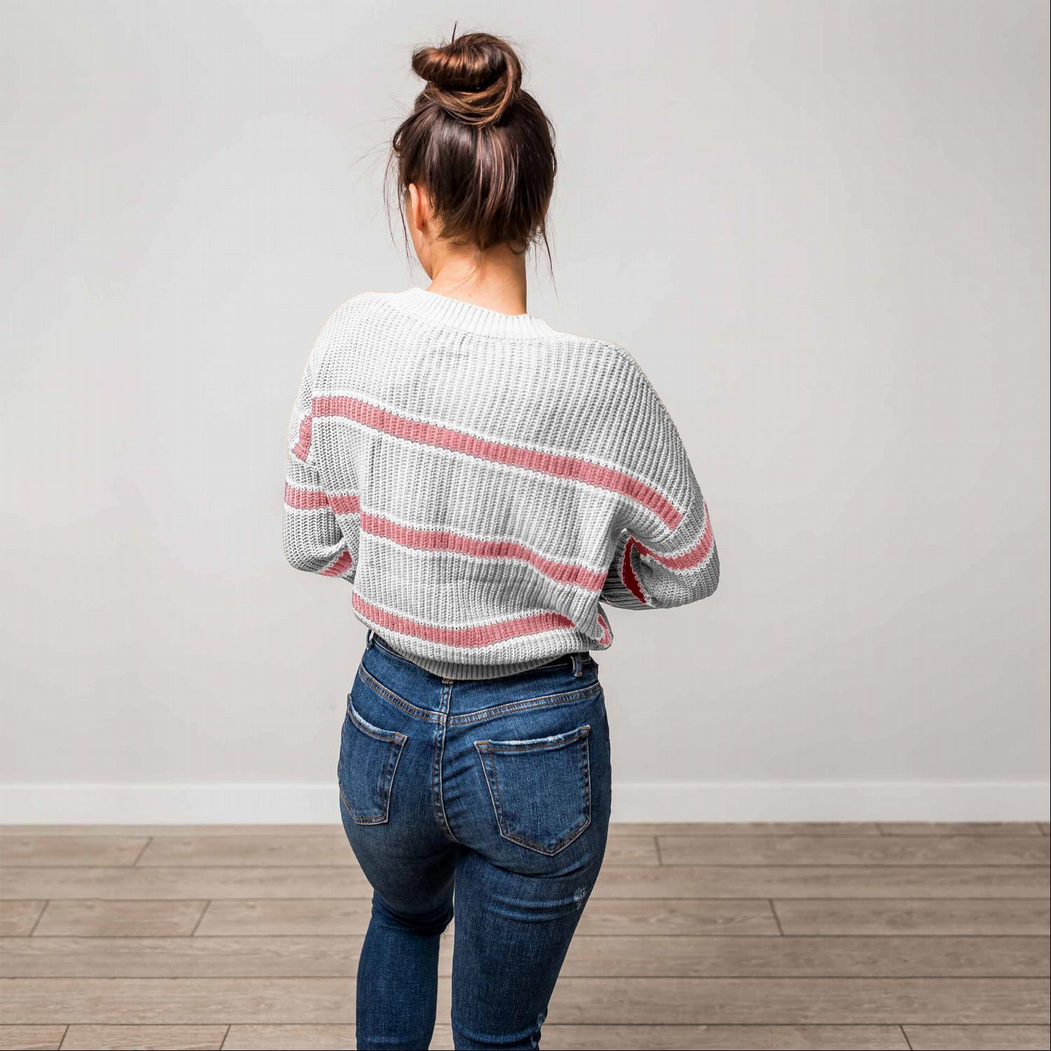 A stylish Stripe Dolman Sleeve Boxy Sweater Knit Top featuring a boatneck design and roomy bat style sleeves, perfect for fall layering.