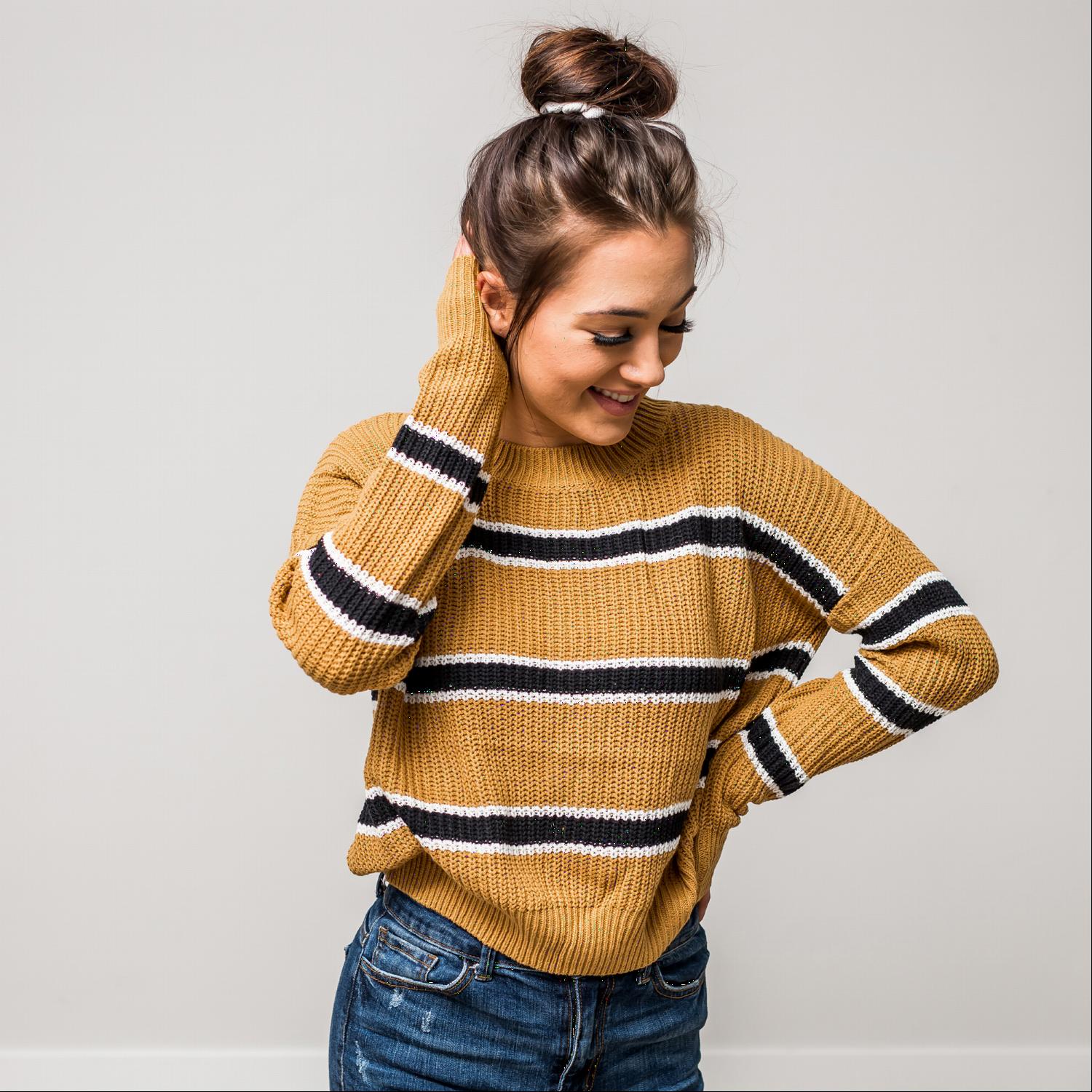 A stylish Stripe Dolman Sleeve Boxy Sweater Knit Top featuring a boatneck design and roomy bat style sleeves, perfect for fall layering.