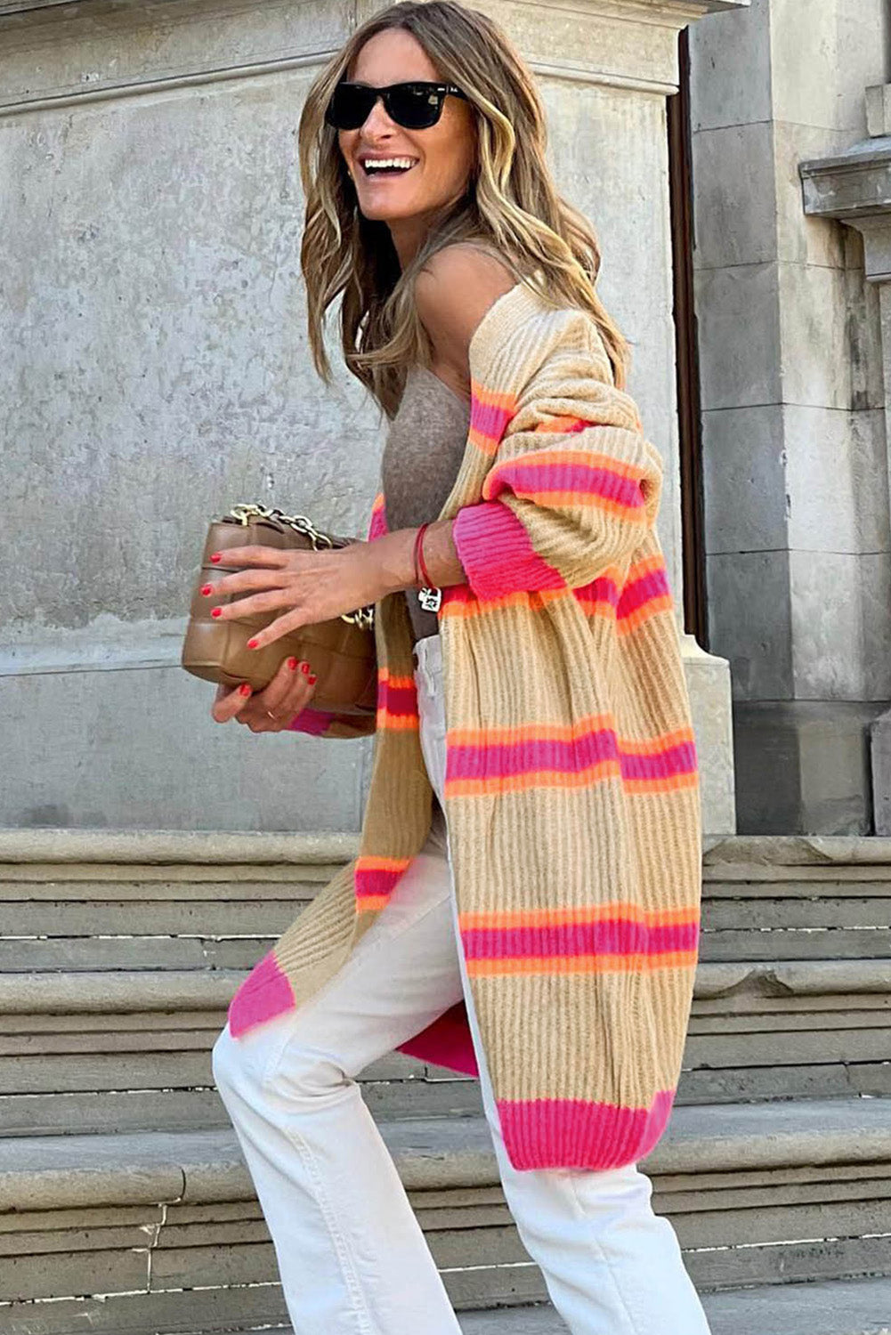 A stylish Stripe Printed Ribbed Long Knitted Cardigan featuring a trendy design, long length, and soft ribbed knit fabric, perfect for chilly days.