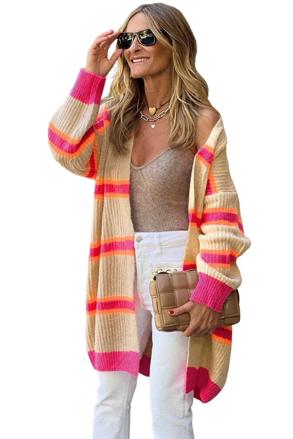 A stylish Stripe Printed Ribbed Long Knitted Cardigan featuring a trendy design, long length, and soft ribbed knit fabric, perfect for chilly days.