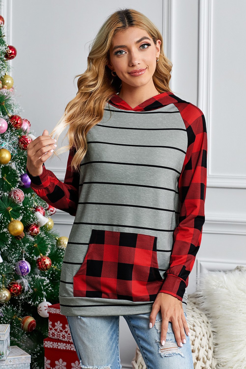 Stripe Red Plaid Long Sleeve Kangaroo Pocket Hoodie featuring stylish plaid sleeves and a cozy hood.