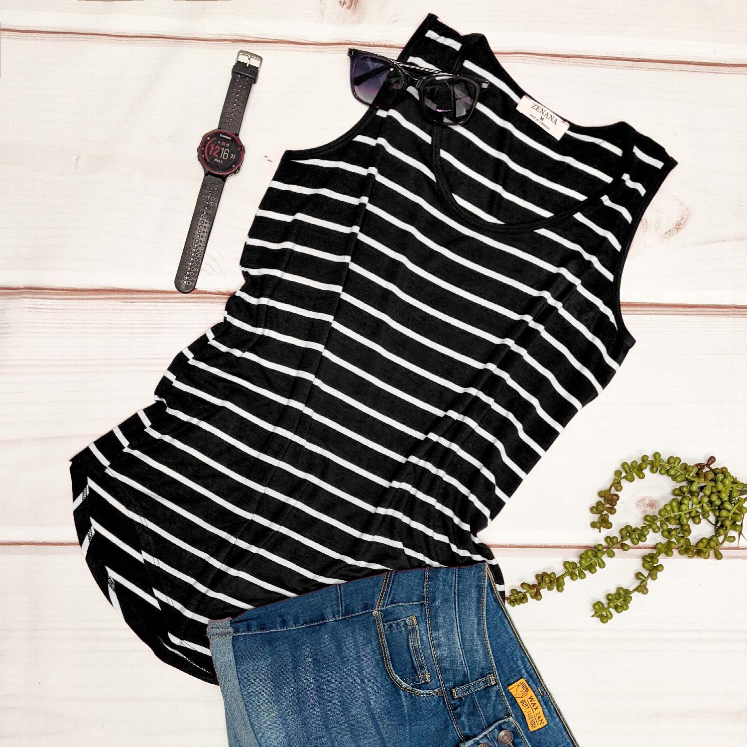 A stylish Stripe Sleeveless Top featuring a classic striped pattern, round neckline, and comfortable fit, perfect for summer wear.