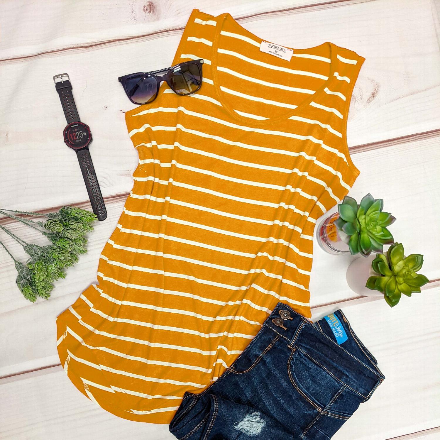 A stylish Stripe Sleeveless Top featuring a classic striped pattern, round neckline, and comfortable fit, perfect for summer wear.