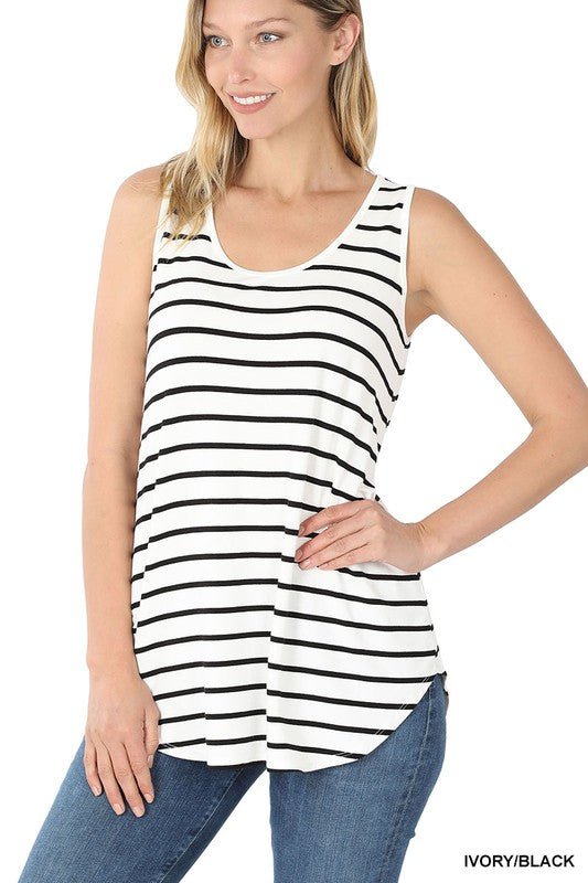 A stylish Stripe Sleeveless Top featuring a classic striped pattern, round neckline, and comfortable fit, perfect for summer wear.