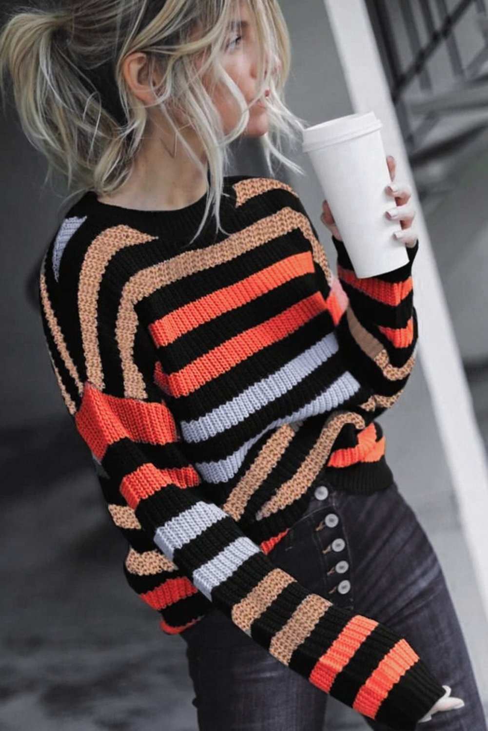 A stylish multicolor striped drop shoulder sweater, perfect for winter wear, featuring long sleeves and a relaxed fit.