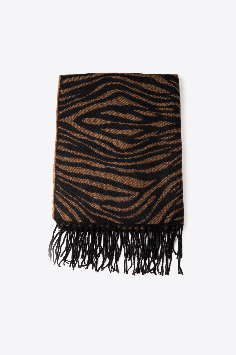 A stylish striped fringe trim scarf laid flat, showcasing its soft acrylic material and vibrant colors.