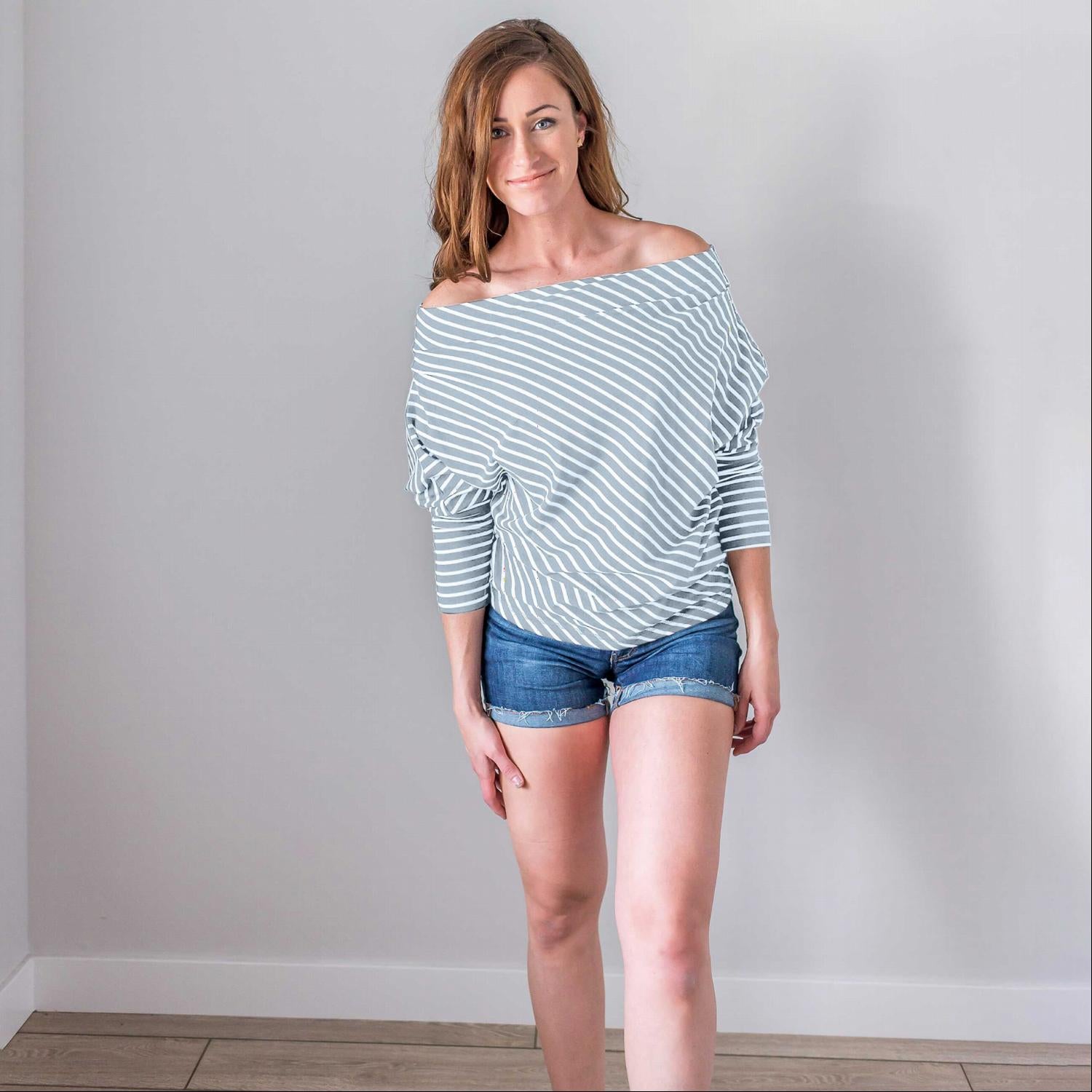 A stylish striped longsleeve off shoulder top featuring a boat neck design, long sleeves, and a comfortable fit, perfect for warm weather.