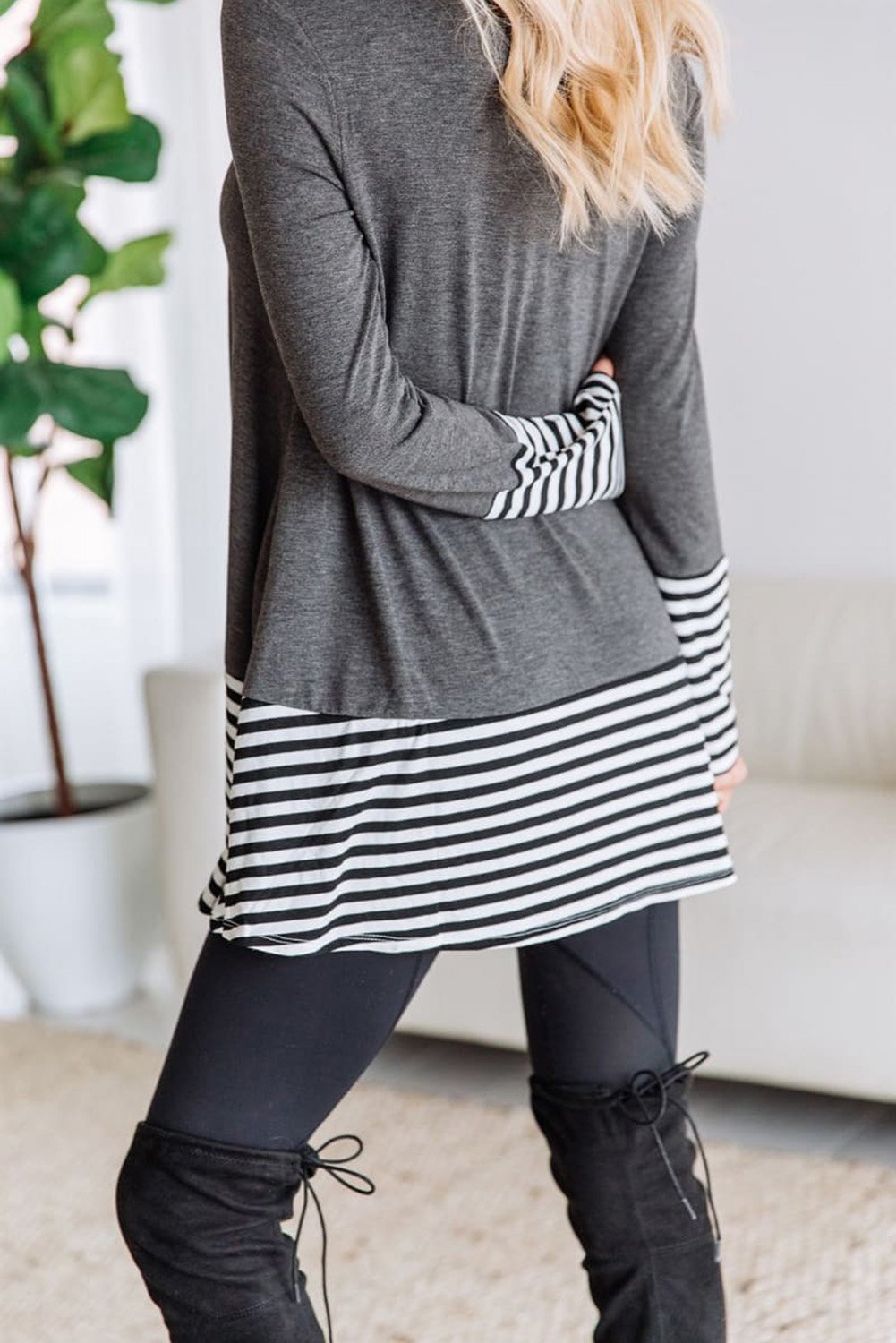 Striped Patchwork Gray Tunic Top featuring a relaxed fit and stylish striped design, perfect for casual wear.