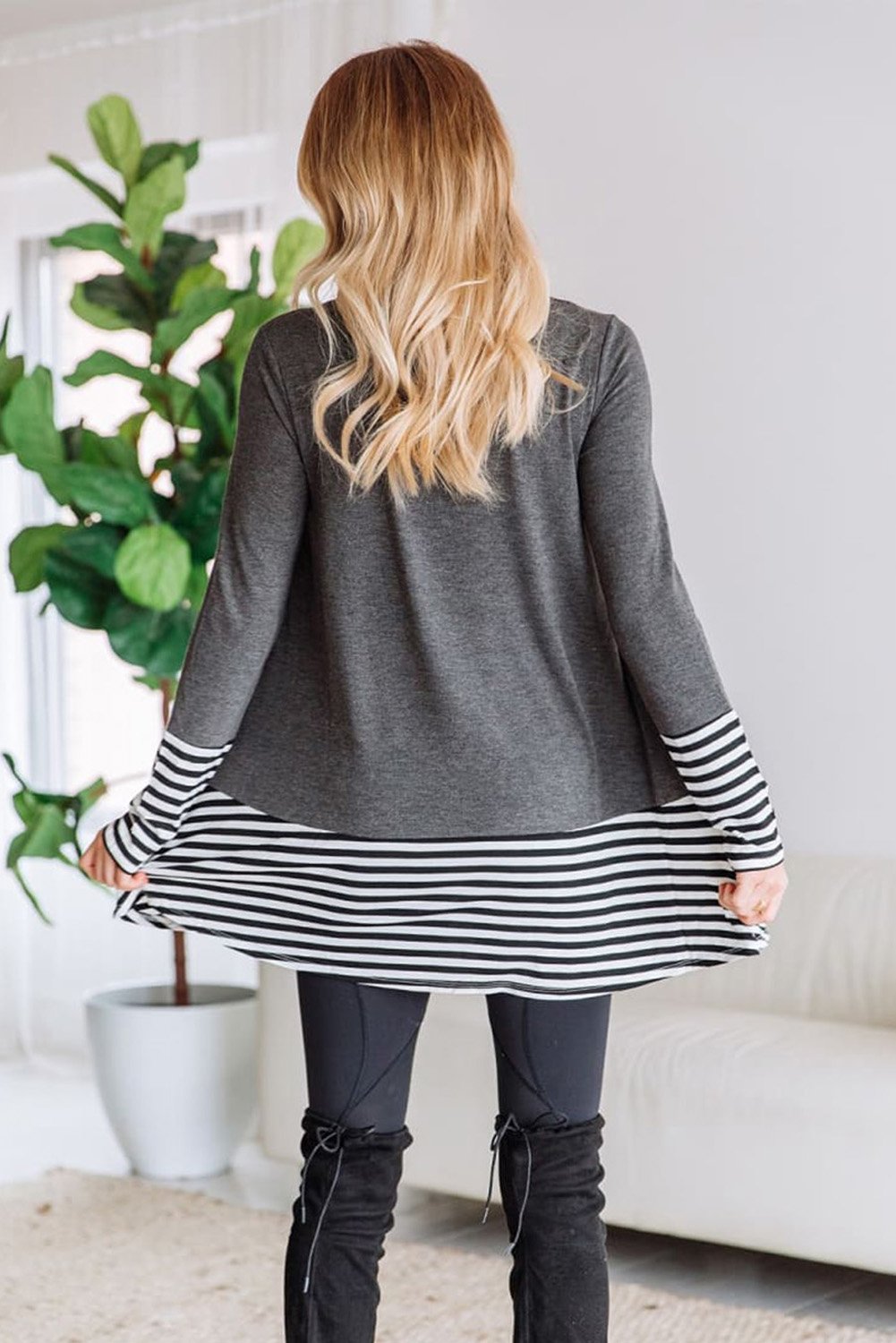 Striped Patchwork Gray Tunic Top featuring a relaxed fit and stylish striped design, perfect for casual wear.