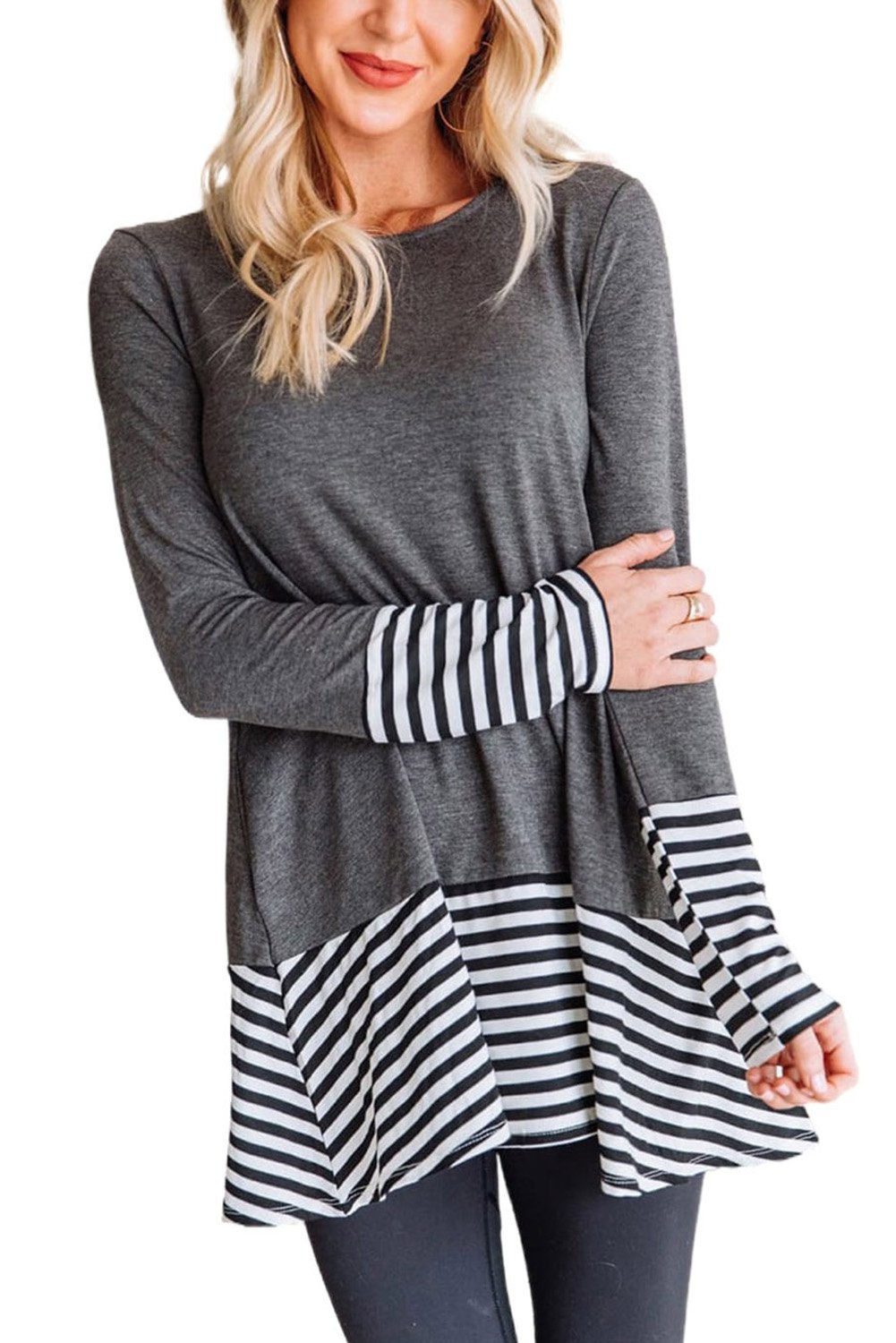 Striped Patchwork Gray Tunic Top featuring a relaxed fit and stylish striped design, perfect for casual wear.