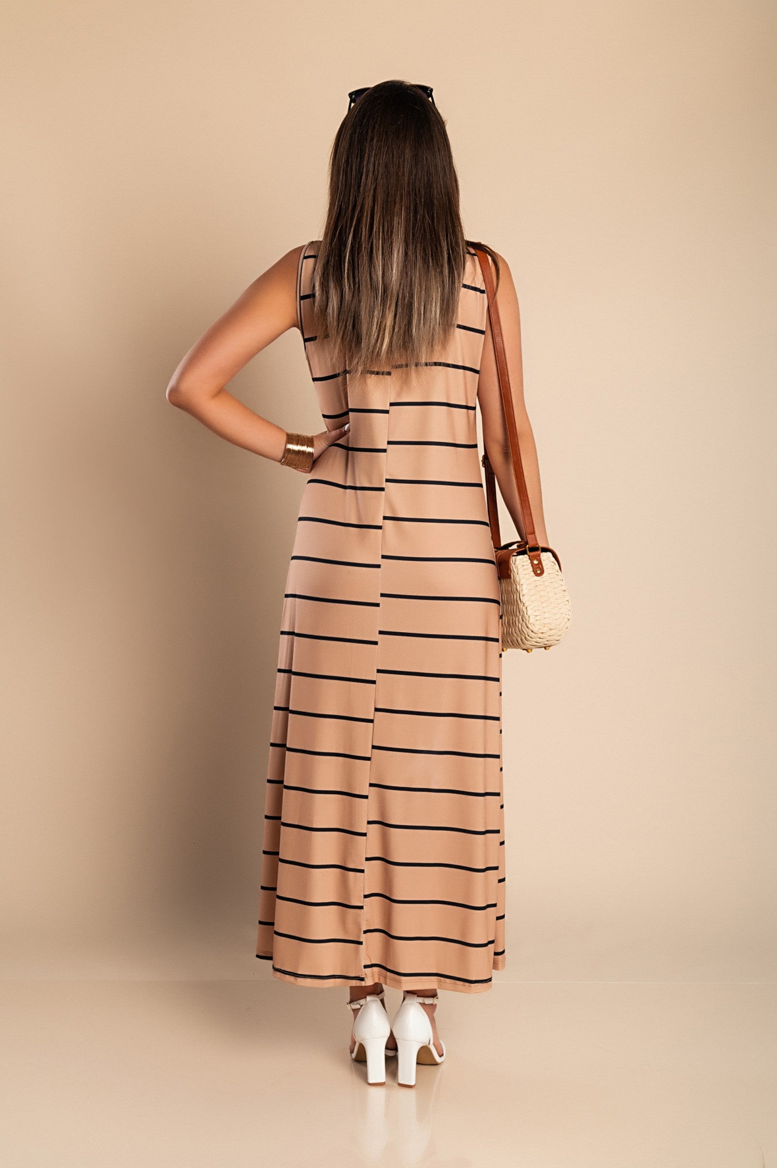 Khaki striped print maxi dress featuring a round neckline and side slit, perfect for summer occasions.