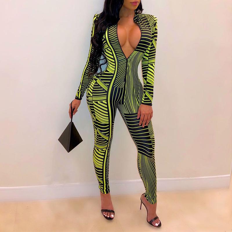 A stylish striped print sexy bodycon jumpsuit for women, perfect for autumn and winter, featuring a snug fit and comfortable fabric.