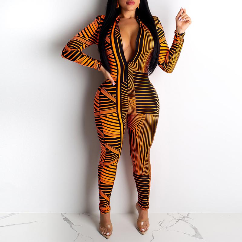 A stylish striped print sexy bodycon jumpsuit for women, perfect for autumn and winter, featuring a snug fit and comfortable fabric.