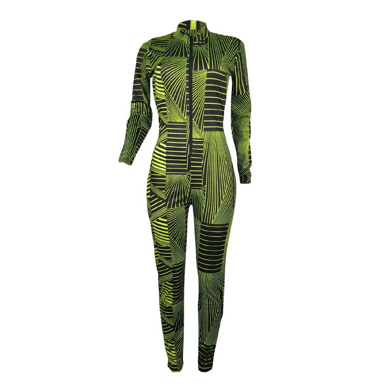 A stylish striped print sexy bodycon jumpsuit for women, perfect for autumn and winter, featuring a snug fit and comfortable fabric.