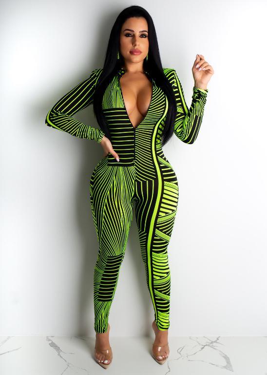 A stylish striped print sexy bodycon jumpsuit for women, perfect for autumn and winter, featuring a snug fit and comfortable fabric.