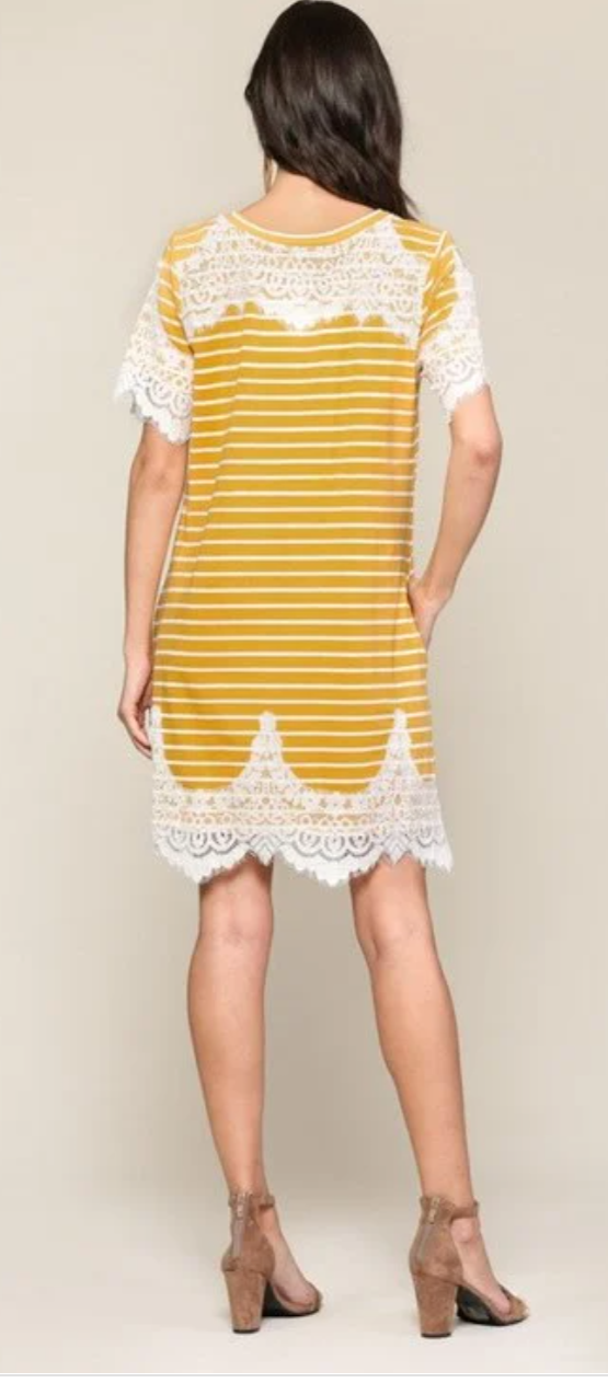 A stylish mustard dress featuring a striped pattern and intricate lace detailing at the front and back, perfect for various occasions.