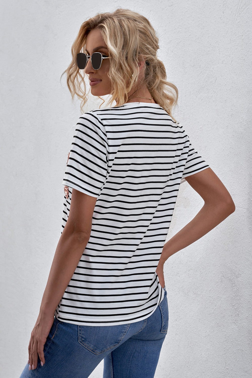 Striped Sequin Patch V-Neck Tee featuring a stylish striped pattern and sequin details, perfect for casual wear.