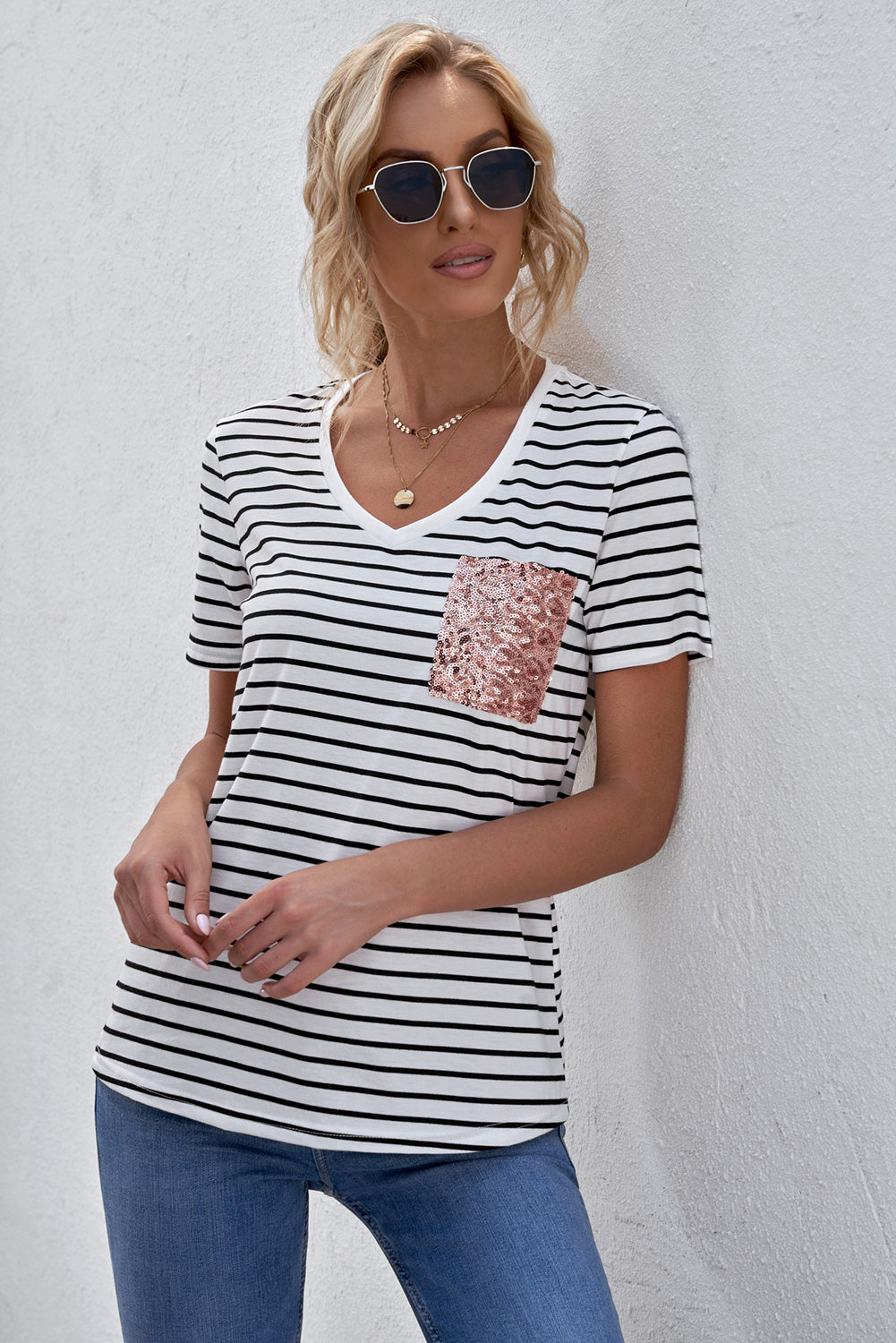 Striped Sequin Patch V-Neck Tee featuring a stylish striped pattern and sequin details, perfect for casual wear.