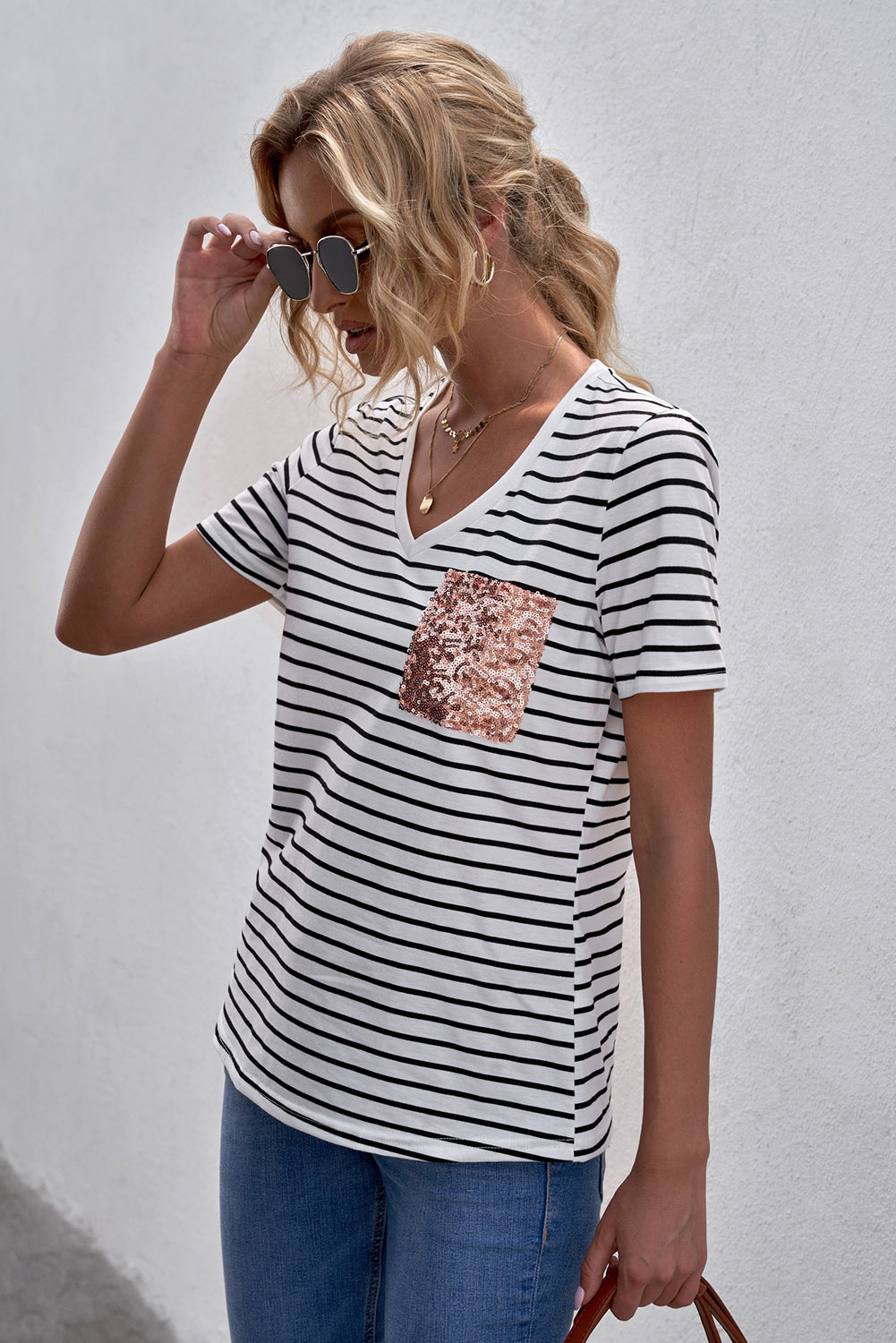 Striped Sequin Patch V-Neck Tee featuring a stylish striped pattern and sequin details, perfect for casual wear.