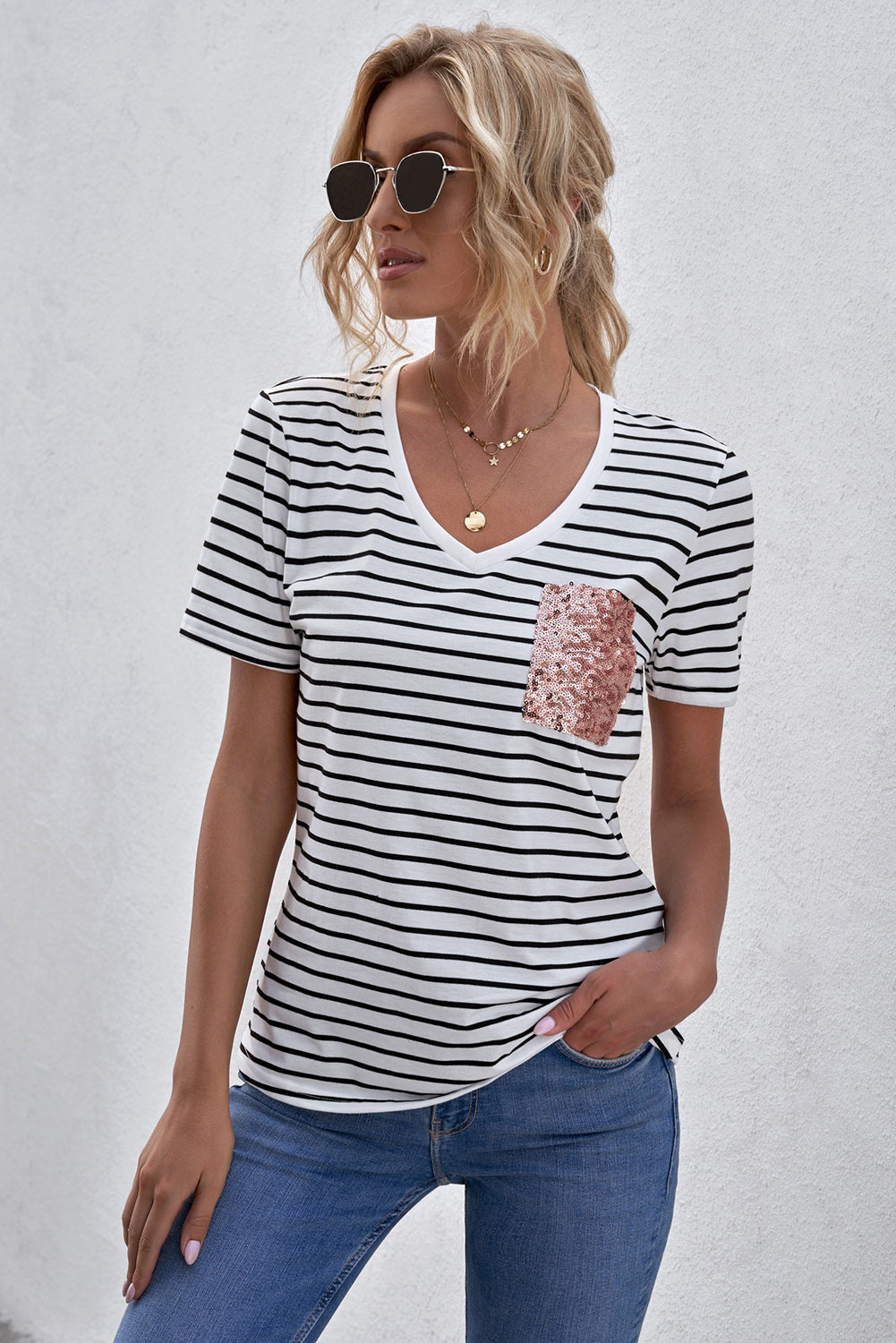 Striped Sequin Patch V-Neck Tee featuring a stylish striped pattern and sequin details, perfect for casual wear.