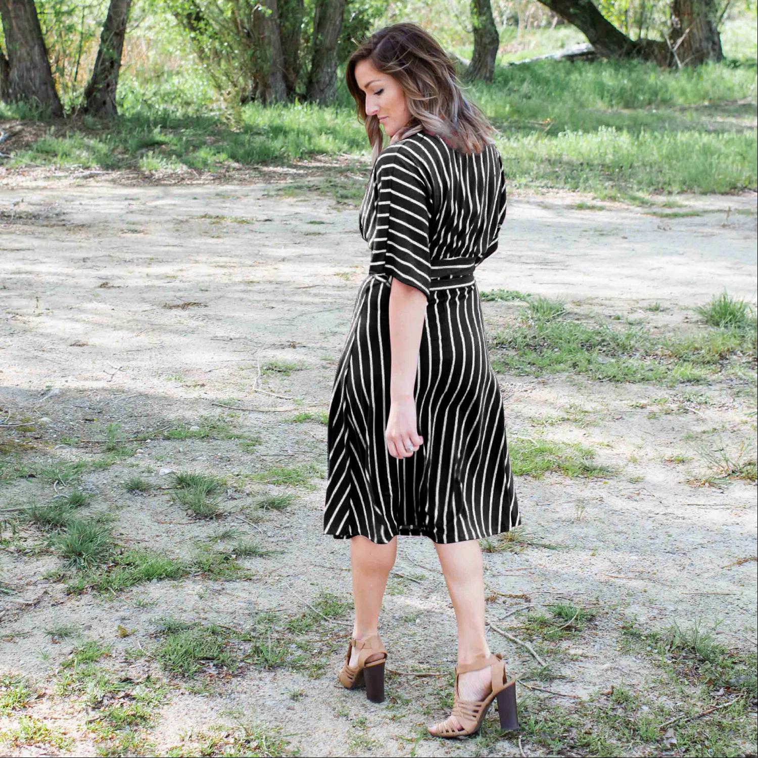 A stylish striped vee neck dress featuring a plunging neckline, self-tie waist, and soft swingy sleeves, perfect for summer outings.