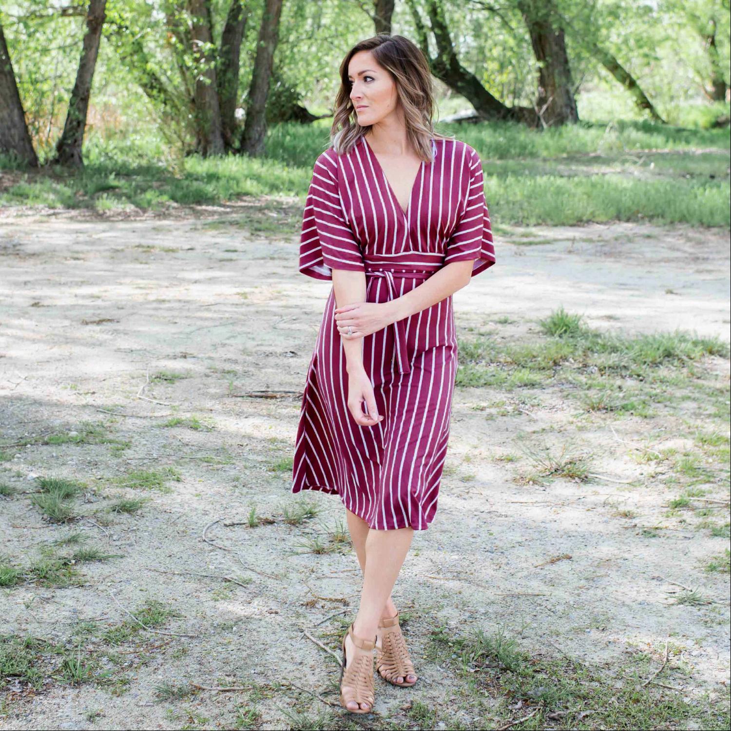 A stylish striped vee neck dress featuring a plunging neckline, self-tie waist, and soft swingy sleeves, perfect for summer outings.