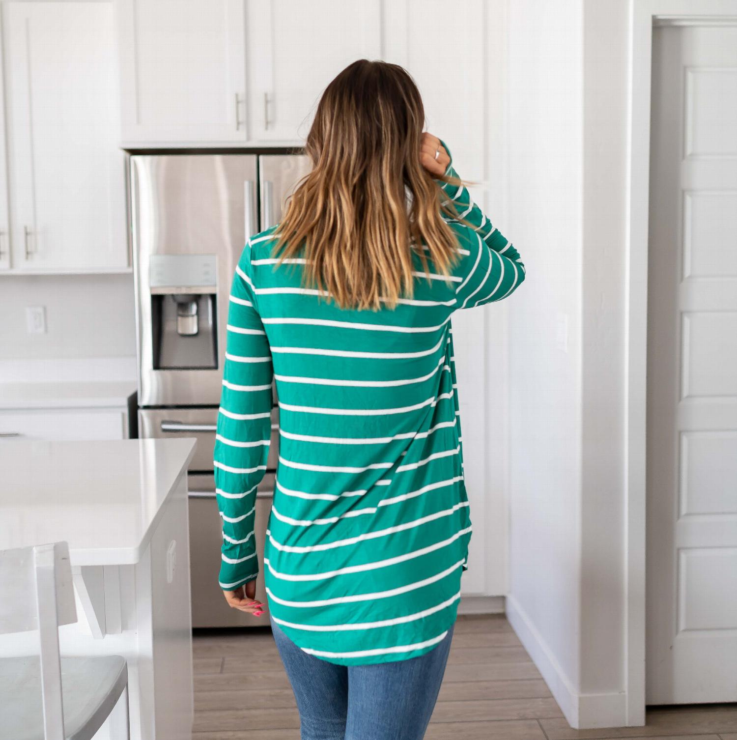 Striped V-neck Dolphin Hem Top featuring long sleeves and a relaxed fit, perfect for casual wear.