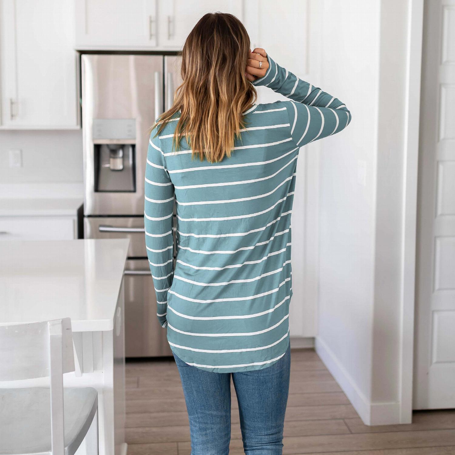 Striped V-neck Dolphin Hem Top featuring long sleeves and a relaxed fit, perfect for casual wear.