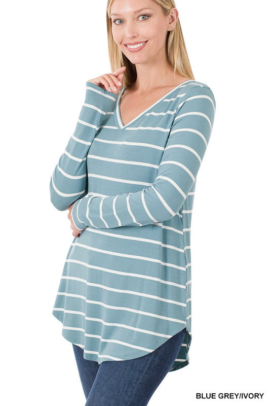 Striped V-neck Dolphin Hem Top featuring long sleeves and a relaxed fit, perfect for casual wear.