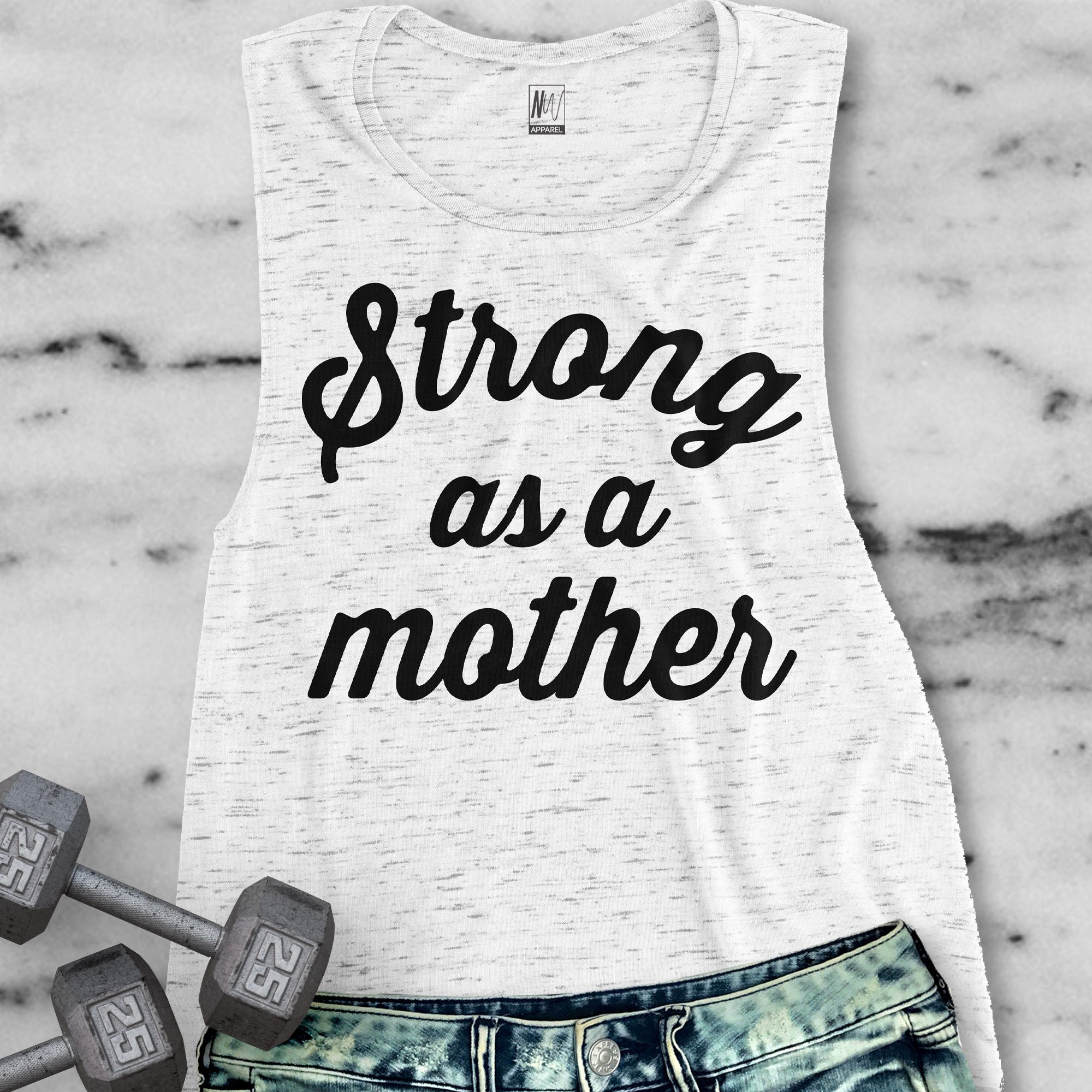 Black Marble and White Marble STRONG as a MOTHER Muscle Tank Top displayed on a hanger, showcasing its soft fabric and stylish design.