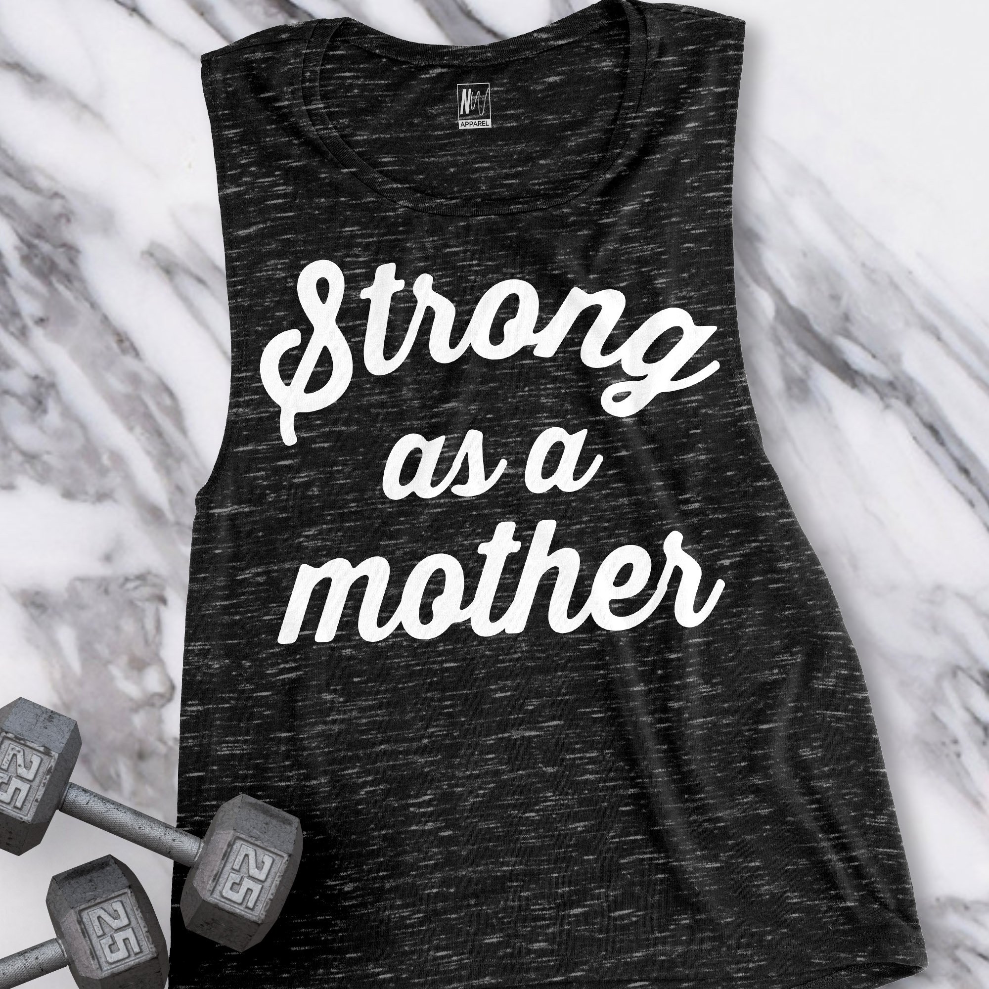 Black Marble and White Marble STRONG as a MOTHER Muscle Tank Top displayed on a hanger, showcasing its soft fabric and stylish design.