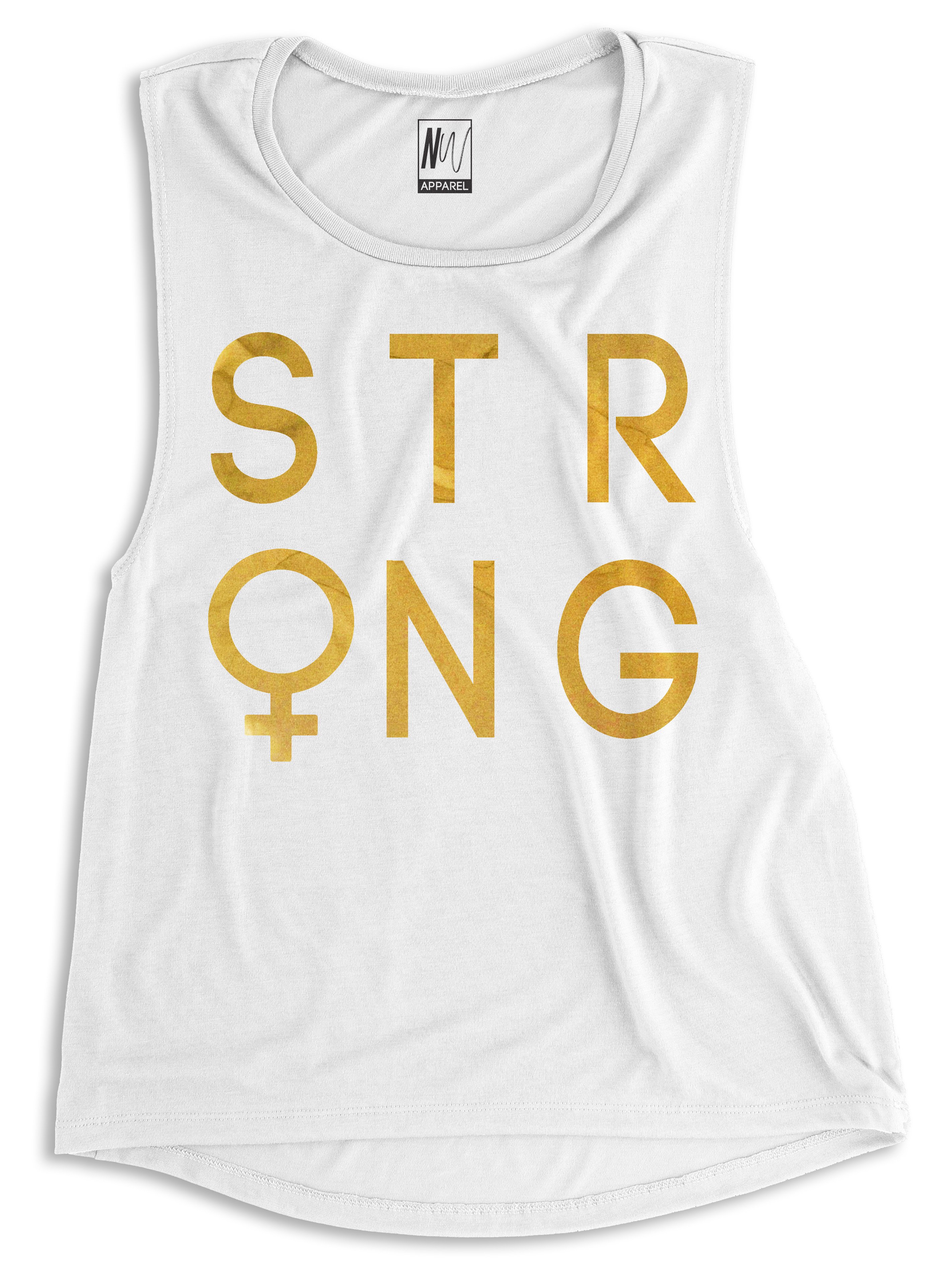 STRONG Female Gold Foil Muscle Tank Top in black, white, and asphalt gray, showcasing the gold foil print and comfortable design.