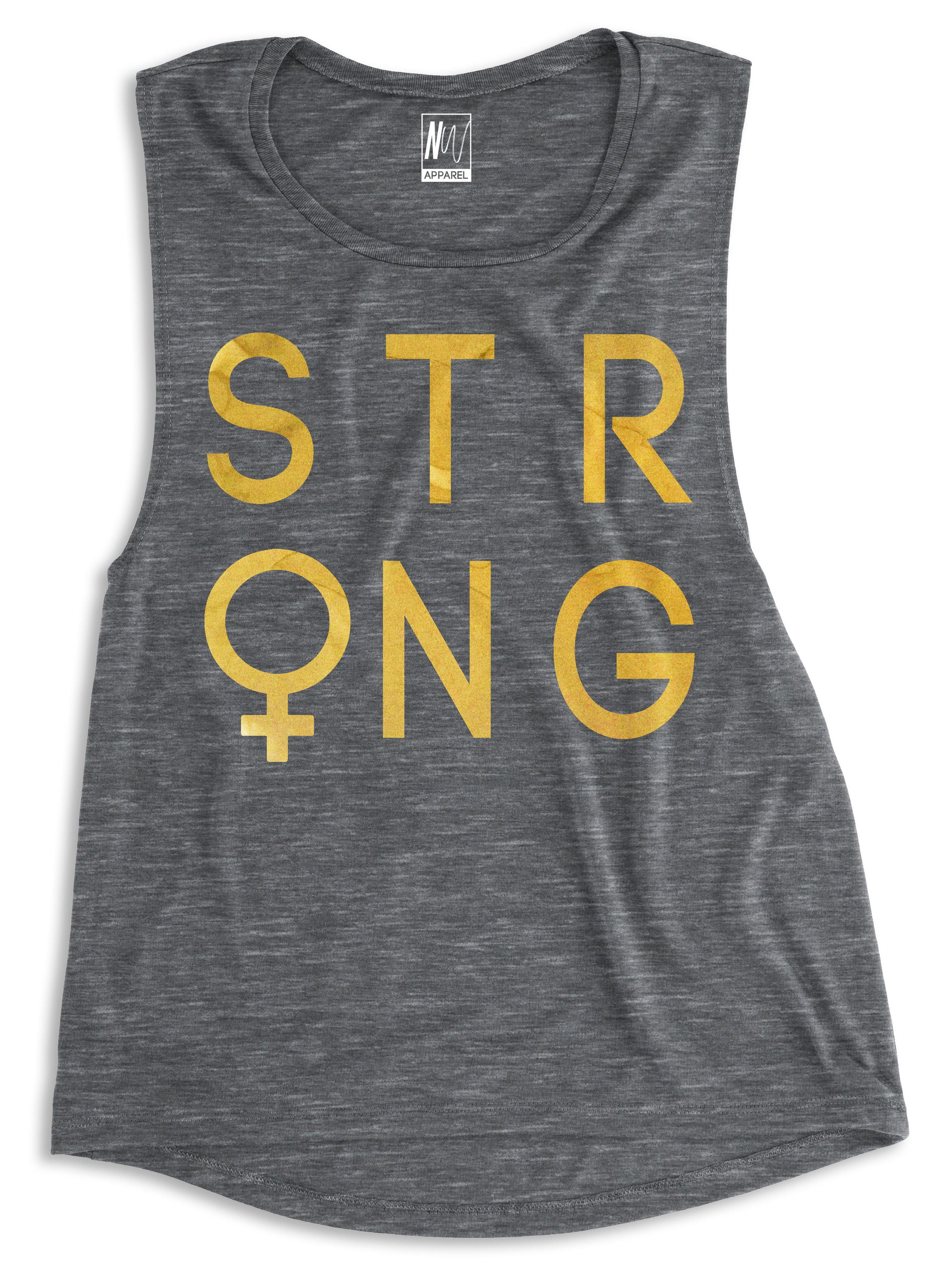 STRONG Female Gold Foil Muscle Tank Top in black, white, and asphalt gray, showcasing the gold foil print and comfortable design.