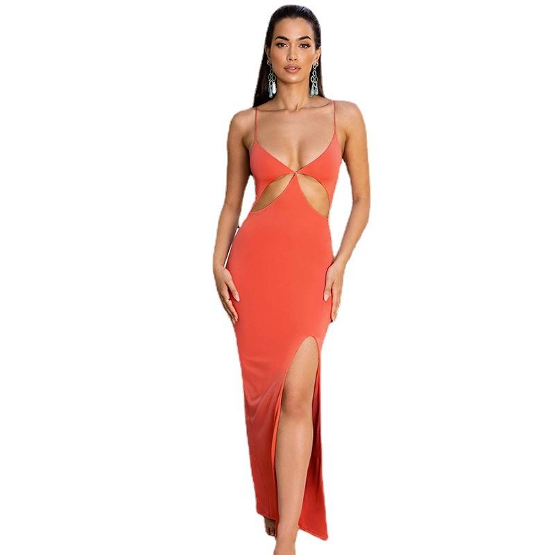 A stylish women's summer clothing featuring a sexy cutout V-neck design in solid color, made from high-quality polyester fiber.