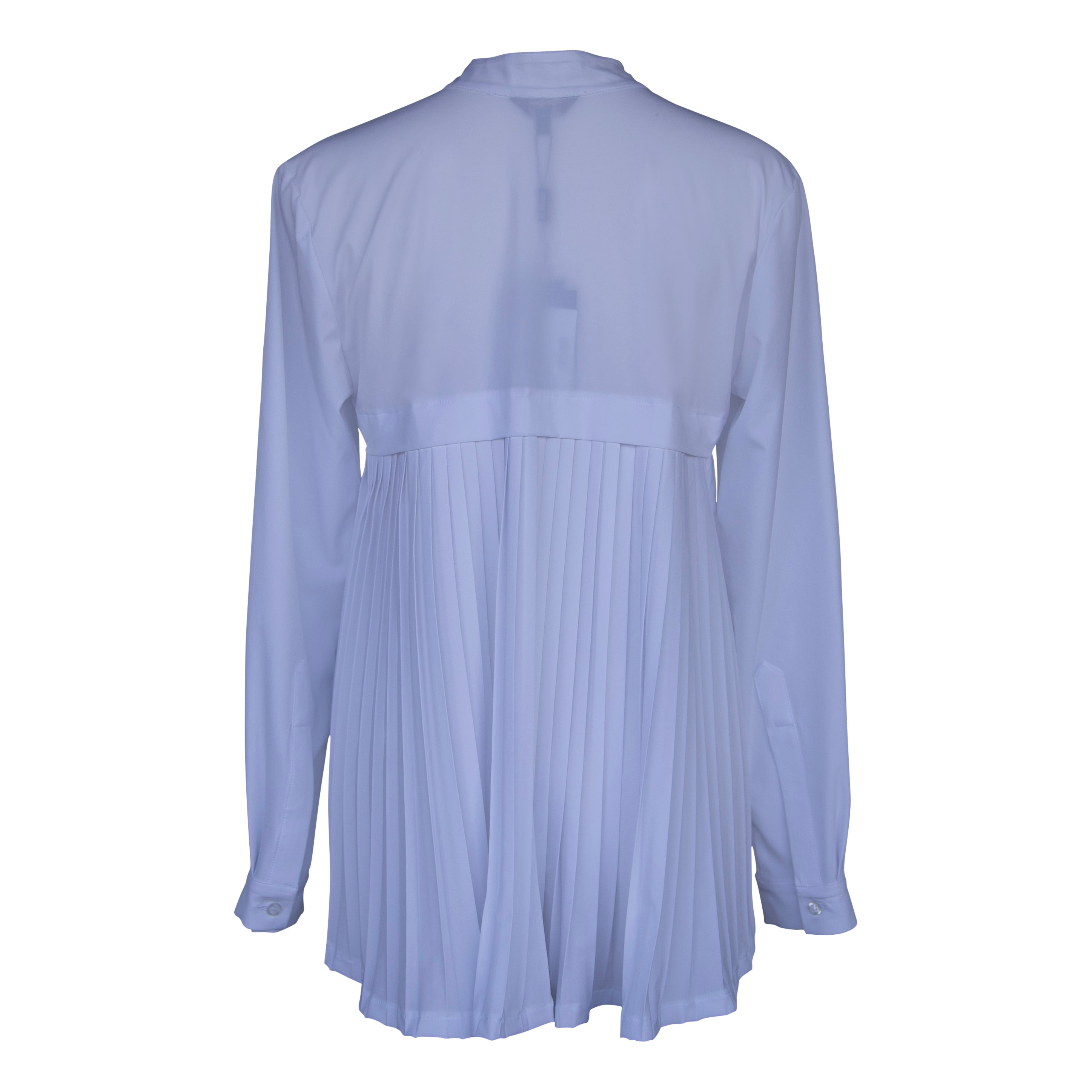 Stylish white pleated blouse with elegant design, perfect for all seasons.