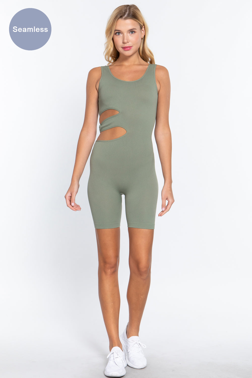 A stylish sage green Suave Cut-out Seamless Romper featuring a double scoop neck and unique cut-out design held by a circle fastener.