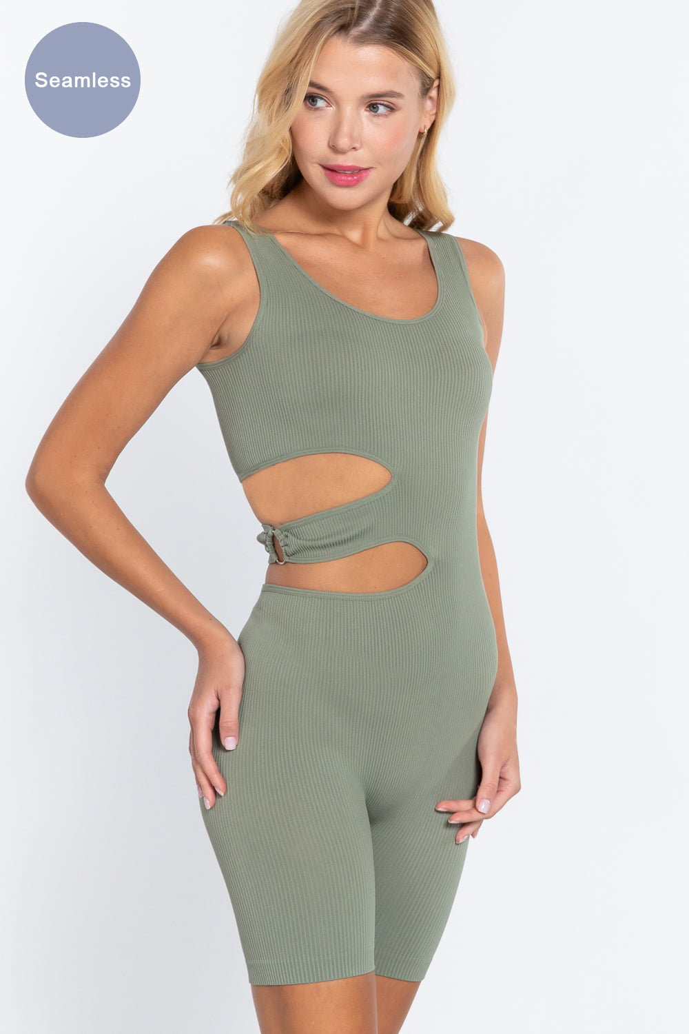 A stylish sage green Suave Cut-out Seamless Romper featuring a double scoop neck and unique cut-out design held by a circle fastener.